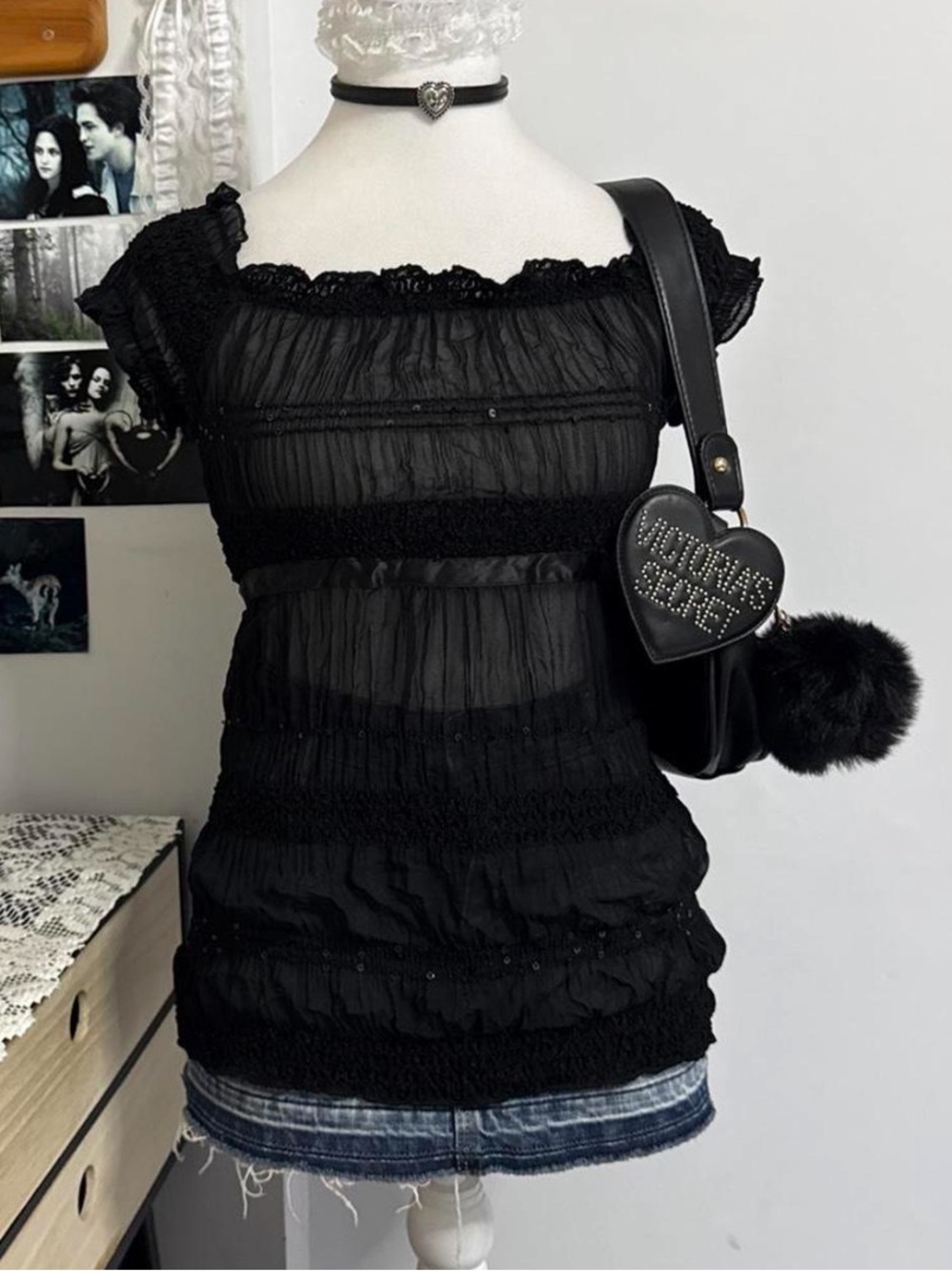 moving sale 💕 vintage sheer black tie back top with sequins